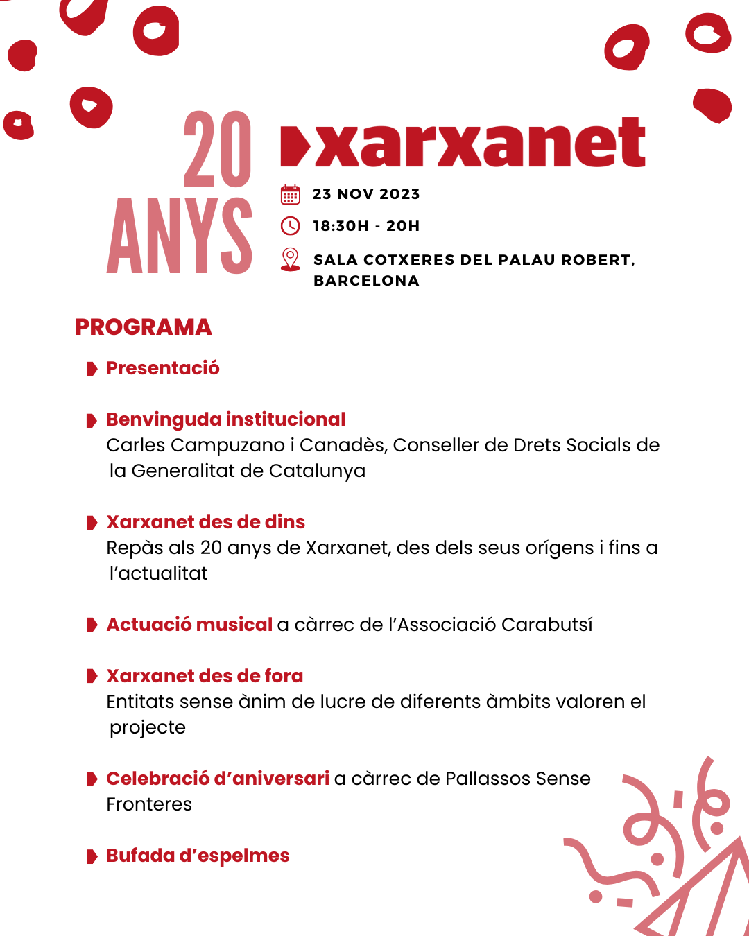 Programa de l'acte del 20è aniversari de Xarxanet.